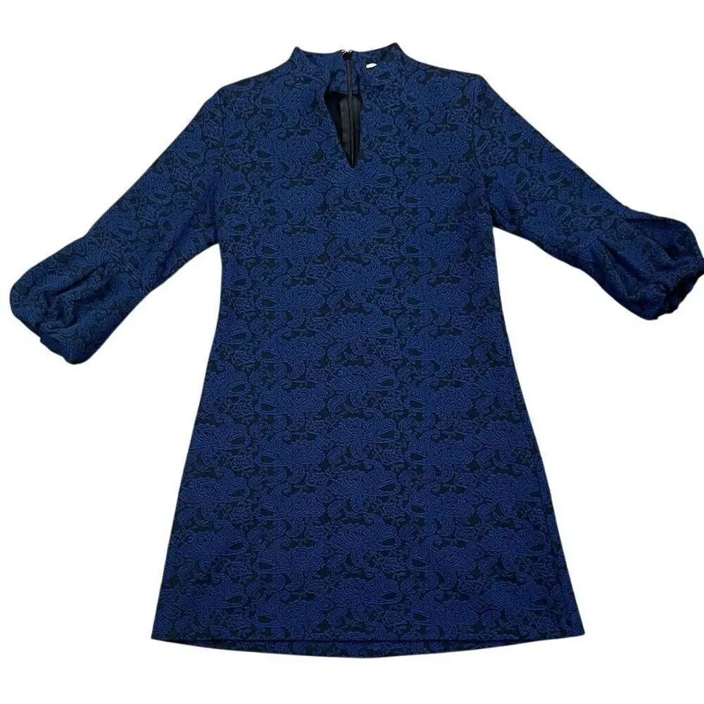 New York and Company Stretch Blue Paisley Black Background Lace V Neck Dress Med